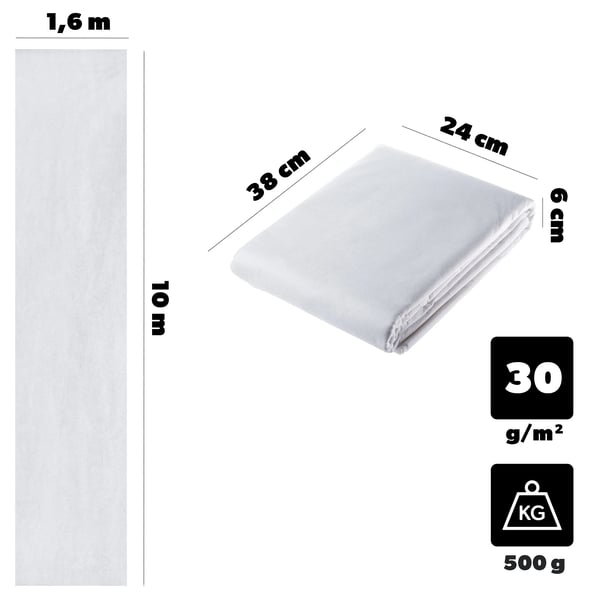 Havefiberdug - Plantedække til frostbeskyttelse - 1,6 x 10 m - 30 g/m² - Plast - Hvid