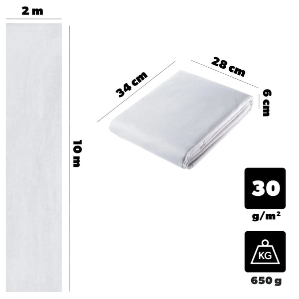 Fiberdug til have - Vinterdug til plantebeskyttelse - 2 x 10 m - 30 g/m² - Plastik - Hvid
