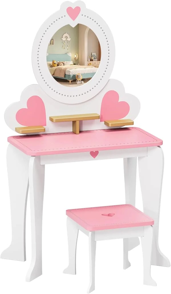 Sminkebord til børn - Toiletbord med skammel - Aftageligt spejl - 2‑i‑1 sminkebord & skrivebord - Træ - Rosa bordplade - 50×33×91 cm