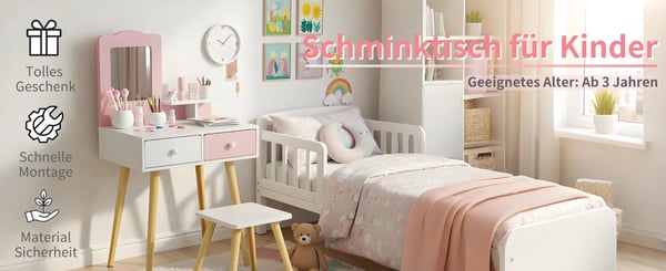 Puinen lasten meikkipöytä - Kampauspöytä jakkaralla - 2 laatikkoa - Irrotettava peili - 60×40×108 cm - Ikä 3+ - Vaaleanpunainen ja valkoinen