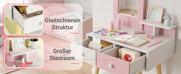 Puinen lasten meikkipöytä - Kampauspöytä jakkaralla - 2 laatikkoa - Irrotettava peili - 60×40×108 cm - Ikä 3+ - Vaaleanpunainen ja valkoinen