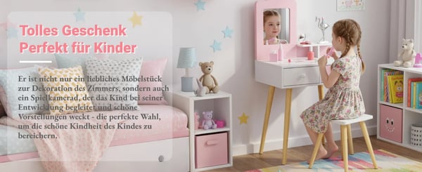 Puinen lasten meikkipöytä - Kampauspöytä jakkaralla - 2 laatikkoa - Irrotettava peili - 60×40×108 cm - Ikä 3+ - Vaaleanpunainen ja valkoinen