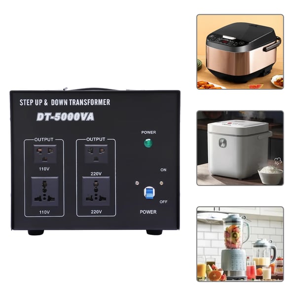 Jännitemuunnin - Step Up/Down -Muuntaja - Kapasiteetti 5 kVA - Teho 4500 W - Hiljainen Käynti - Johto 1 m - CE-sertifioitu - Musta