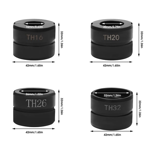 Pressbakker til rør - TH-profil sæt - 16/20/26/32 mm - Til PEX/kobber/alu-plast/PB - Højkulstofstål
