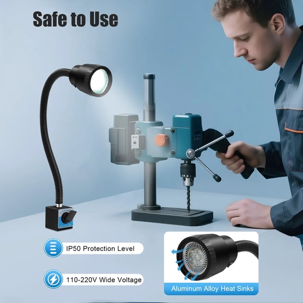 LED maskinlampe 5W - Arbejdslampe til drejebænk - Magnetfod - Fleksibel svanehals - 110–220V - 6500K - 500–600 lm - IP50 - Sort