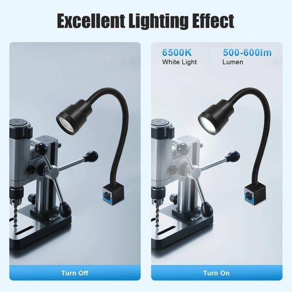 LED maskinlampe 5W - Arbejdslampe til drejebænk - Magnetfod - Fleksibel svanehals - 110–220V - 6500K - 500–600 lm - IP50 - Sort