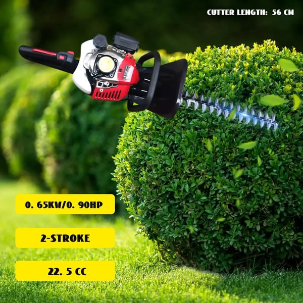 Benzindrevet Hækkeklipper - Totakts Trimmer - 22,5 cm³ Enkeltcylindret Luftkølet - Tomgang 3.500 omdr./min - 90–105 dB - Rød
