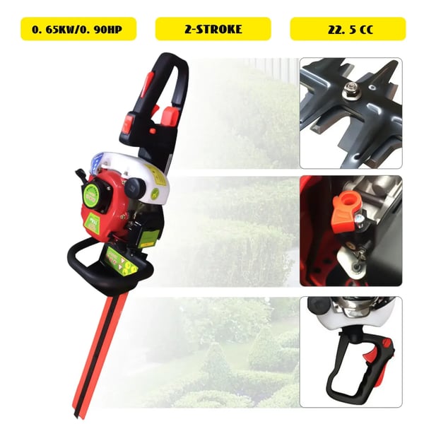 Benzindrevet Hækkeklipper - Totakts Trimmer - 22,5 cm³ Enkeltcylindret Luftkølet - Tomgang 3.500 omdr./min - 90–105 dB - Rød