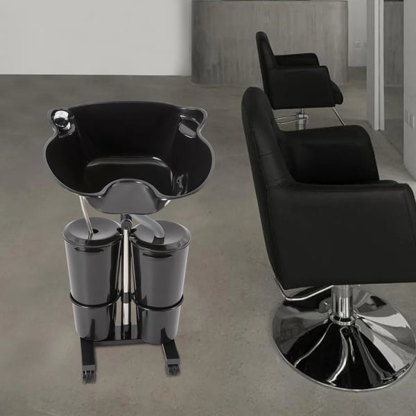 Frisør hårvask - Fritstående shampoovask - Højdejusterbar 1,05–1,4 m - 2× 10 L vandspande - Kumme 48,5×37,5×30 cm - Bærbar - Sort