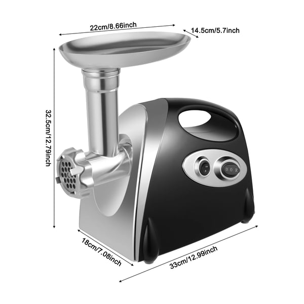 Kødhakker - Elektrisk - 800 W - 190 omdr./min - 304 rustfrit stål - 3 skiver 5 mm/7 mm/vifteformet - Knivdiameter 4,5 cm - Ren kobbermotor - Sort