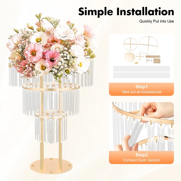 Krystal blomsterstander - 3-lags stativ - Moderne bryllups- & festdekoration - Centerpiece til blomster eller balloner - DIY banketpynt - Gul