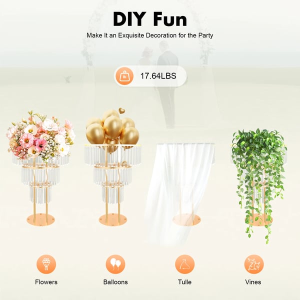 Krystal blomsterstander - 3-lags stativ - Moderne bryllups- & festdekoration - Centerpiece til blomster eller balloner - DIY banketpynt - Gul