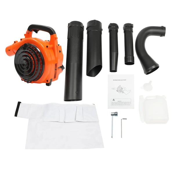 Løvsuger & Løvblæser - Håndholdt Benzin 2-takt - Motor 25,4 cm³ - Suge- og Findelefunktion - Opsamlingspose - To Blæserrør - Orange