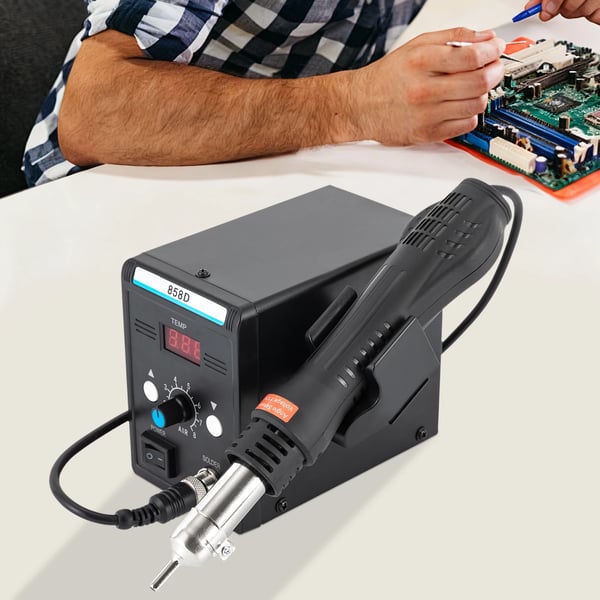 Varmluft lodde-station & rework-station SMD - 858D - 700W - 100–500°C justerbar - LED-display - PTC keramisk varmeelement - Børsteløs turbineblæser