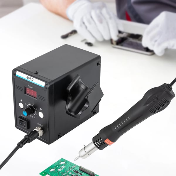 Varmluft lodde-station & rework-station SMD - 858D - 700W - 100–500°C justerbar - LED-display - PTC keramisk varmeelement - Børsteløs turbineblæser