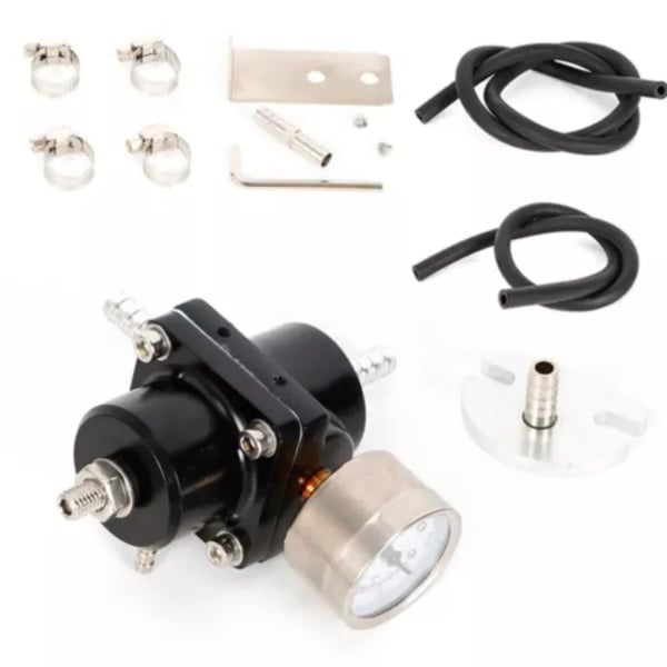 Brændstoftryksregulator - Sæt - Justerbar benzin - 4 porte - Manometer & karburatorslange - T6061 aluminium, 304 rustfrit stål - Sort