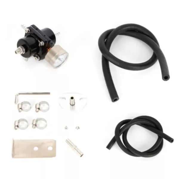 Brændstoftryksregulator - Sæt - Justerbar benzin - 4 porte - Manometer & karburatorslange - T6061 aluminium, 304 rustfrit stål - Sort