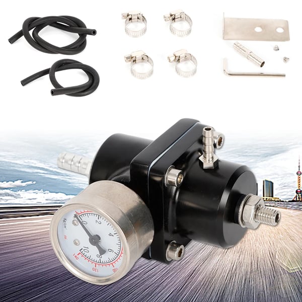 Brændstoftryksregulator - Sæt - Justerbar benzin - 4 porte - Manometer & karburatorslange - T6061 aluminium, 304 rustfrit stål - Sort
