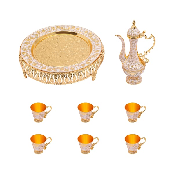 Turkisk Tesæt - Tekande & 6 Kopper - Zinklegering - 25 ml pr. Kop - Til Servering & Dekoration - Guld