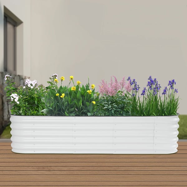 Plantekasse i metal - Højbed - 10-i-1 Modul - Ekstra Stor - 4 Buede + 6 Lige Plader - 195x60x43 cm - Hvid
