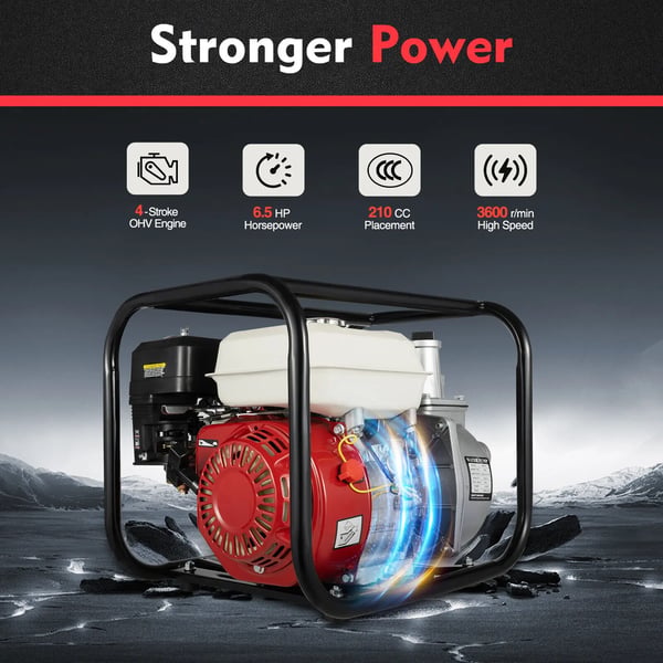 Benzin vandpumpe - Transportabel model - 5 cm ind/ud - 6,5 hk 4,8 kW - 36 m³/t - 28 m løftehøjde - 7 m sugehøjde - 3,6 L tank - Rød