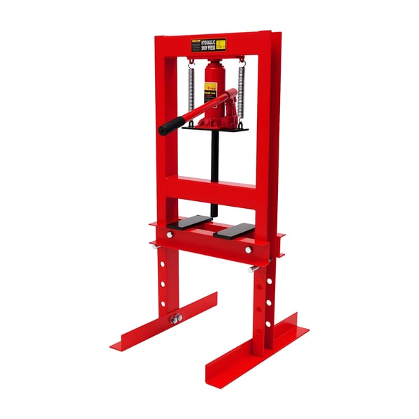 Hydraulisk værkstedspresse - H-ramme gulvmodel - 6 ton kapacitet - Manuel - Med presseplader - Stålkonstruktion - Rød