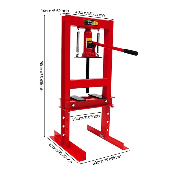 Hydraulisk værkstedspresse - H-ramme gulvmodel - 6 ton kapacitet - Manuel - Med presseplader - Stålkonstruktion - Rød