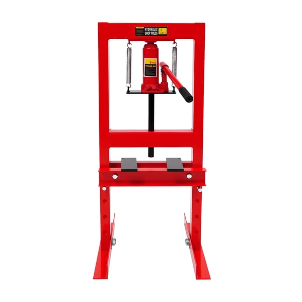 Hydraulisk værkstedspresse - H-ramme gulvmodel - 6 ton kapacitet - Manuel - Med presseplader - Stålkonstruktion - Rød