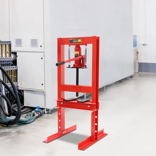 Hydraulisk værkstedspresse - H-ramme gulvmodel - 6 ton kapacitet - Manuel - Med presseplader - Stålkonstruktion - Rød