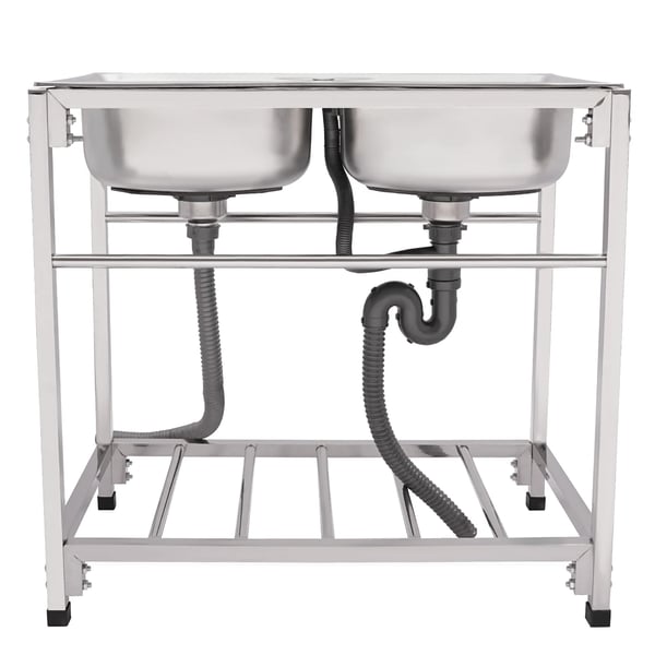 Fritstående vask - Dobbeltvask i rustfrit stål - Industriel - Uden armatur - 2 huller - Til montering - Til bryggers/garage/bar - Sølv