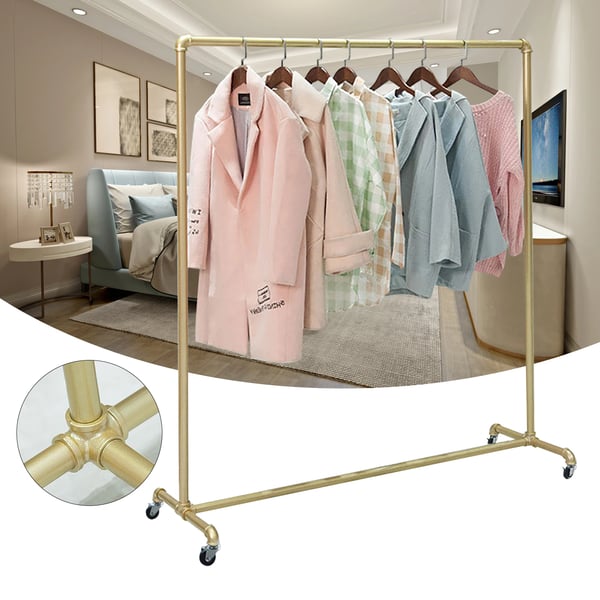 Tøjstativ/Garderobestativ - Fritstående - Mål 120×40×160 cm - 4 Drejelige Hjul - Til Gang/Entré/Soveværelse - Guld