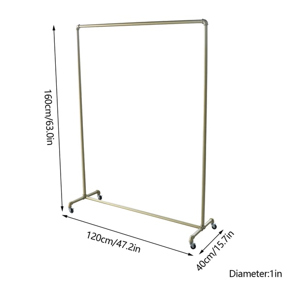 Tøjstativ/Garderobestativ - Fritstående - Mål 120×40×160 cm - 4 Drejelige Hjul - Til Gang/Entré/Soveværelse - Guld