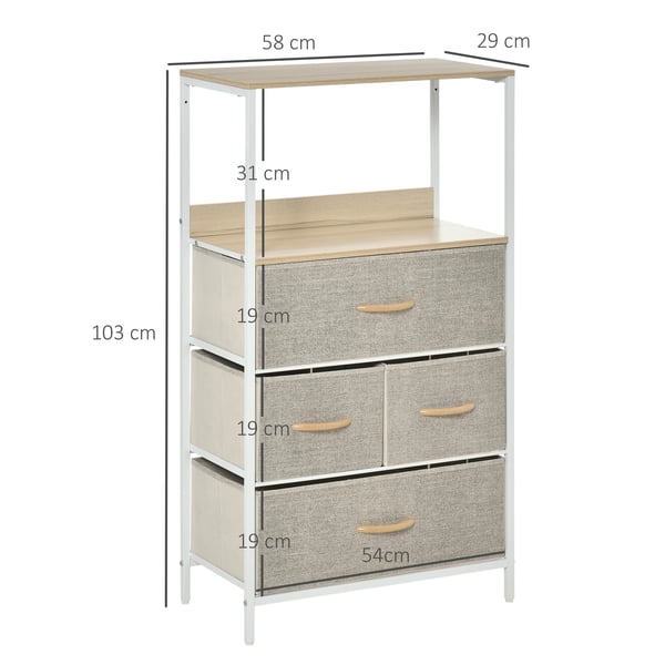 Förvaringsbyrå - Tygbyrå med 4 lådor - Öppet fack - Metallstomme - Nonwoven-tyg - 58×29×103 cm - Ljusgrå