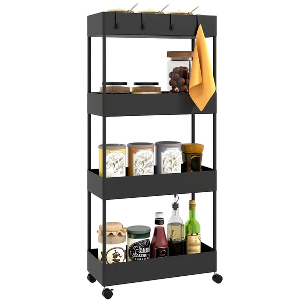 Köksvagn - Rullvagn - 4 Nivåer - 4 Korgar - 4 Avtagbara Krokar - Med Hjul - Metall - 40x19x90 cm - Svart