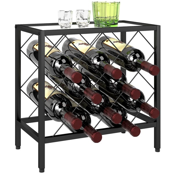 Vinställ - För 10 flaskor - Topp i härdat glas - Stålram - 41 x 22 x 41 cm - Svart