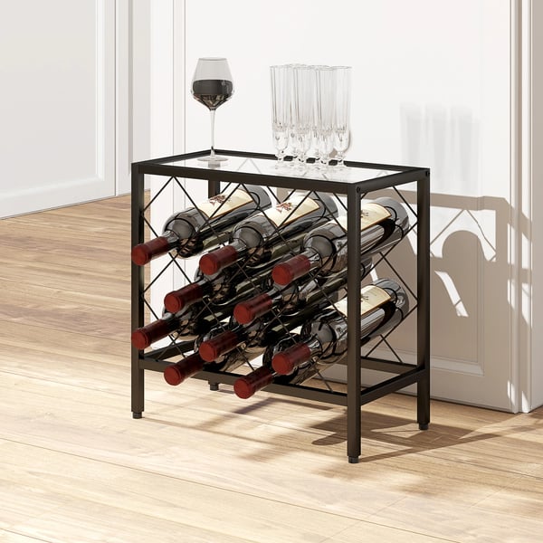 Vinställ - För 10 flaskor - Topp i härdat glas - Stålram - 41 x 22 x 41 cm - Svart