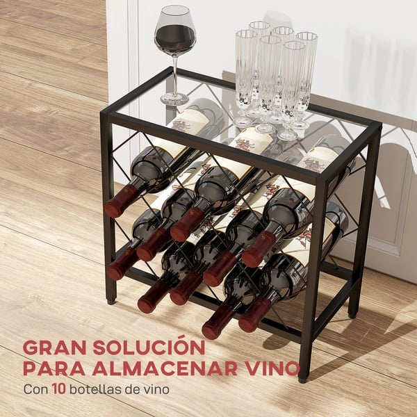 Vinställ - För 10 flaskor - Topp i härdat glas - Stålram - 41 x 22 x 41 cm - Svart