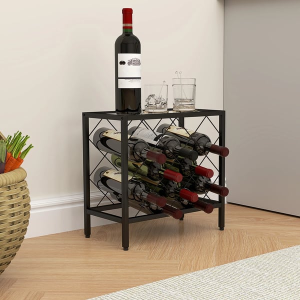 Vinställ - För 10 flaskor - Topp i härdat glas - Stålram - 41 x 22 x 41 cm - Svart