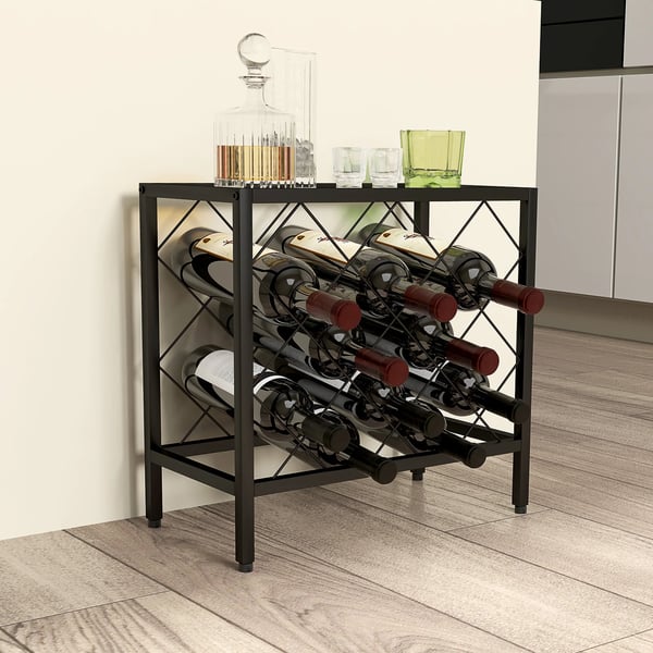 Vinställ - För 10 flaskor - Topp i härdat glas - Stålram - 41 x 22 x 41 cm - Svart