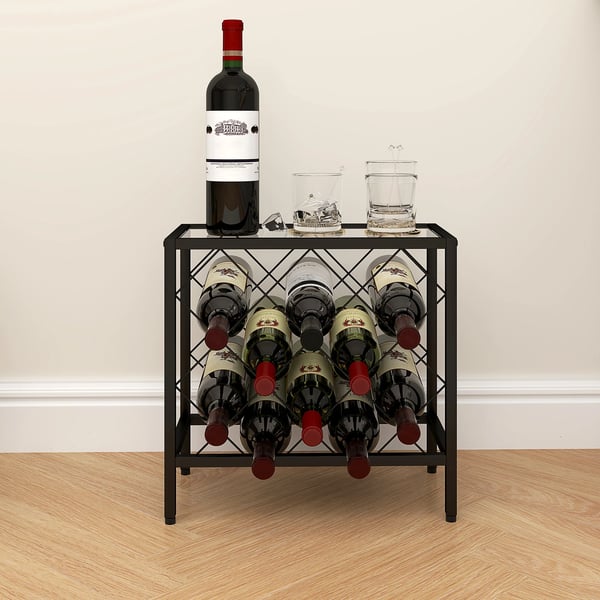 Vinställ - För 10 flaskor - Topp i härdat glas - Stålram - 41 x 22 x 41 cm - Svart
