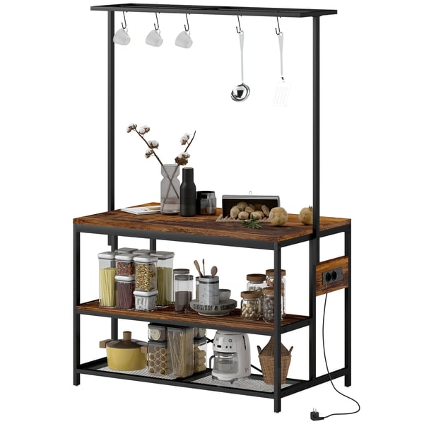Kökshylla - Med Bänkskiva - USB & Eluttag - 2 Hyllplan - Utan Lådor - 116×70×182 cm - Chokladbrun