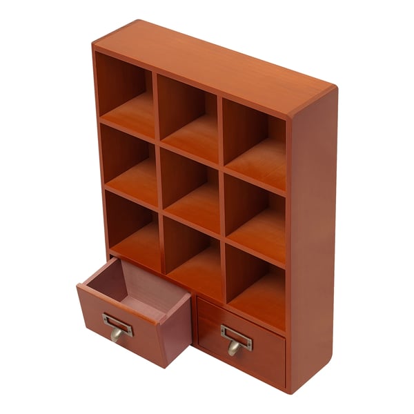 Træ opbevaringsskab - Organizer med rum og skuffer - 9 rum, 2 skuffer - Vægmonteret eller fritstående - Med håndtag - 33,3x10x42,5 cm - Brun