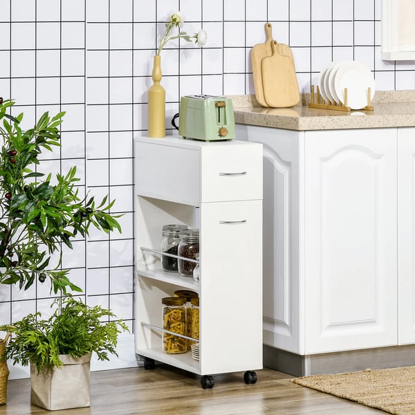 Köksvagn - Serveringsvagn - 1 Låda - 2 Öppna Hyllor - På Hjul - Trä - 25x50x85 cm - Vit