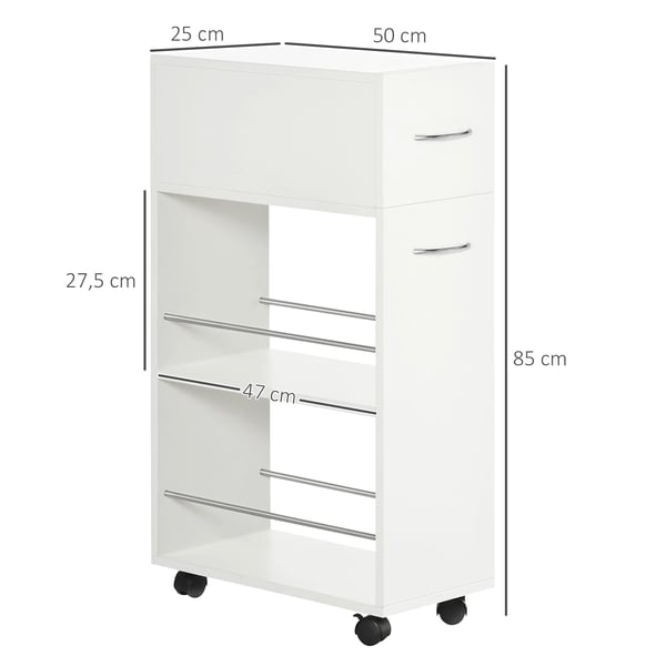 Köksvagn - Serveringsvagn - 1 Låda - 2 Öppna Hyllor - På Hjul - Trä - 25x50x85 cm - Vit