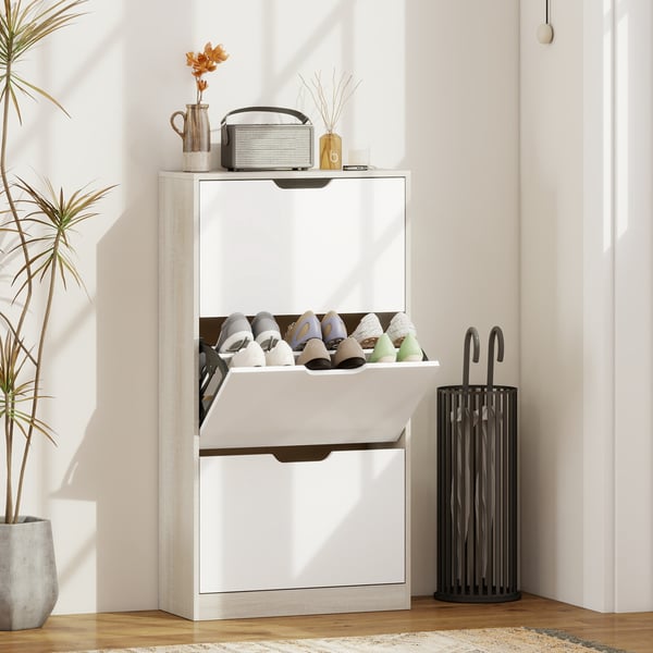 Skoskåp - Smalt skåp med 3 fällbara luckor - Rymmer 18 par skor - Mått 62,5×26×117,5 cm - För hall och små utrymmen - Ek och vit