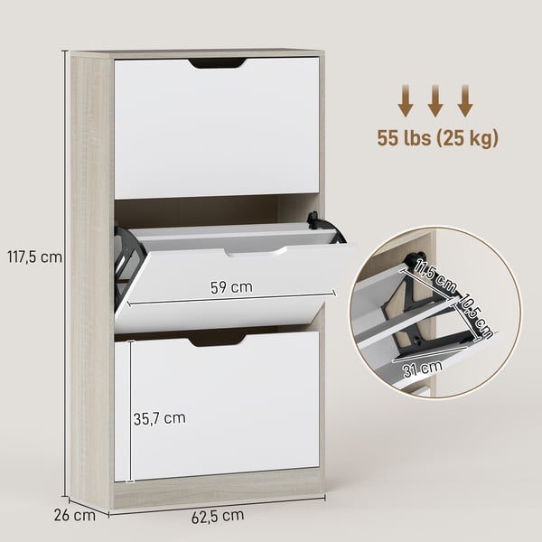 Skoskåp - Smalt skåp med 3 fällbara luckor - Rymmer 18 par skor - Mått 62,5×26×117,5 cm - För hall och små utrymmen - Ek och vit