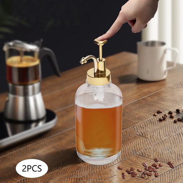 Sirupsdispenser - Pumpflaske - 500 ml - 2-pak - Lækagesikker - Rustfrit stål & glas - Guld