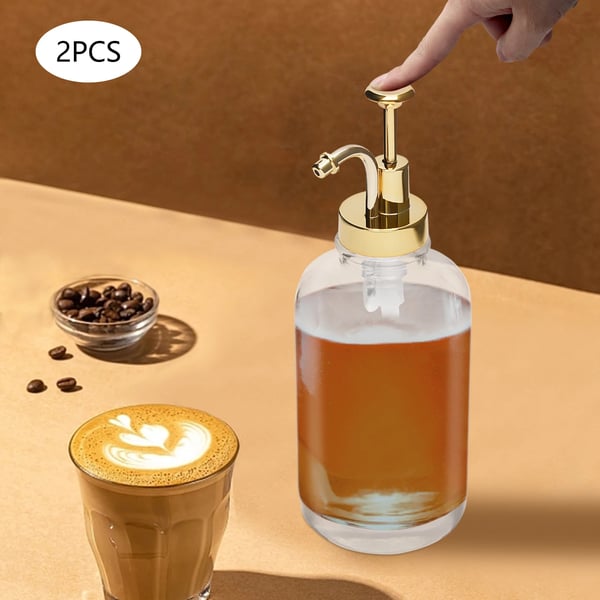 Sirupsdispenser - Pumpflaske - 500 ml - 2-pak - Lækagesikker - Rustfrit stål & glas - Guld