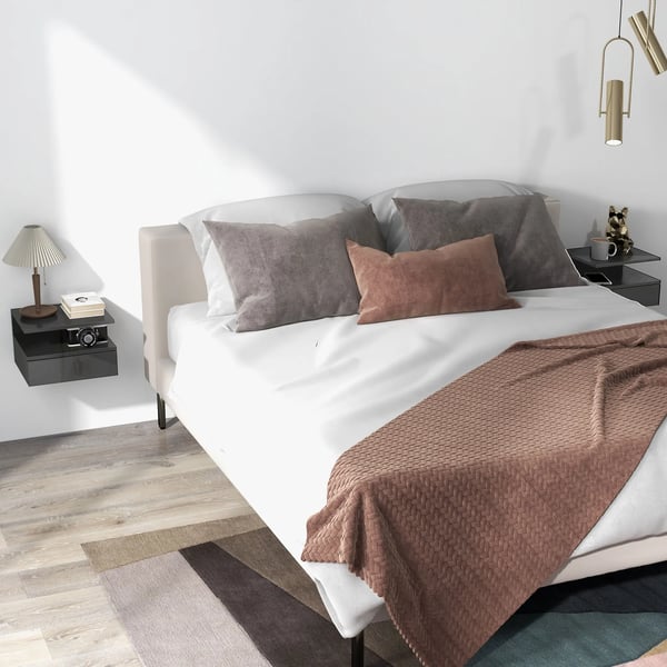 Set med 2 nattduksbord - Väggmonterade sängbord - Låda och öppen hylla - Modern marockansk stil - Svart