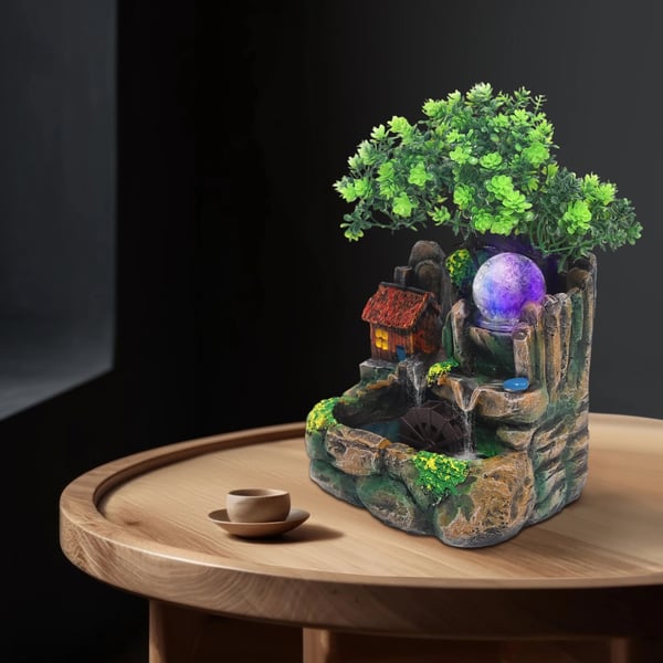 Indendørs vandfontæne - Bordfontæne - RGB LED Farveskift - Støjsvag Drift - Med Grønne Planter - Harpiks - Nem Installation - Til Hjem & Kontor